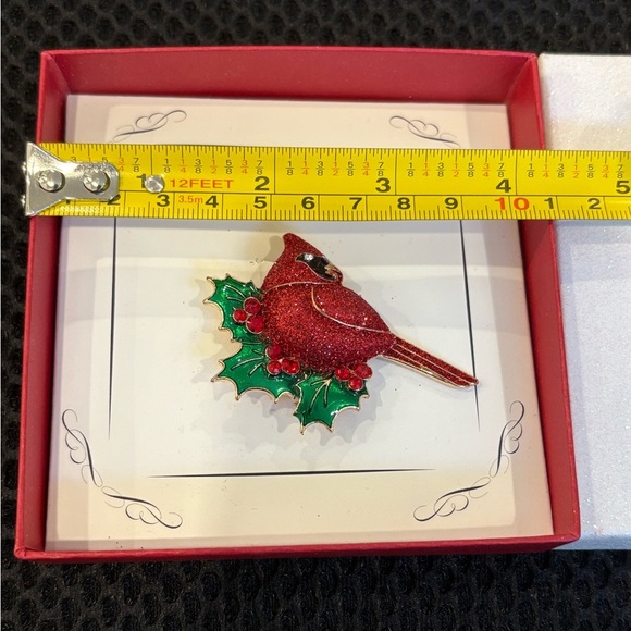 NEW Red Glitter Cardinal Bird & Holly Berry Christmas Brooch Pin - Unisex - Picture 3 of 6